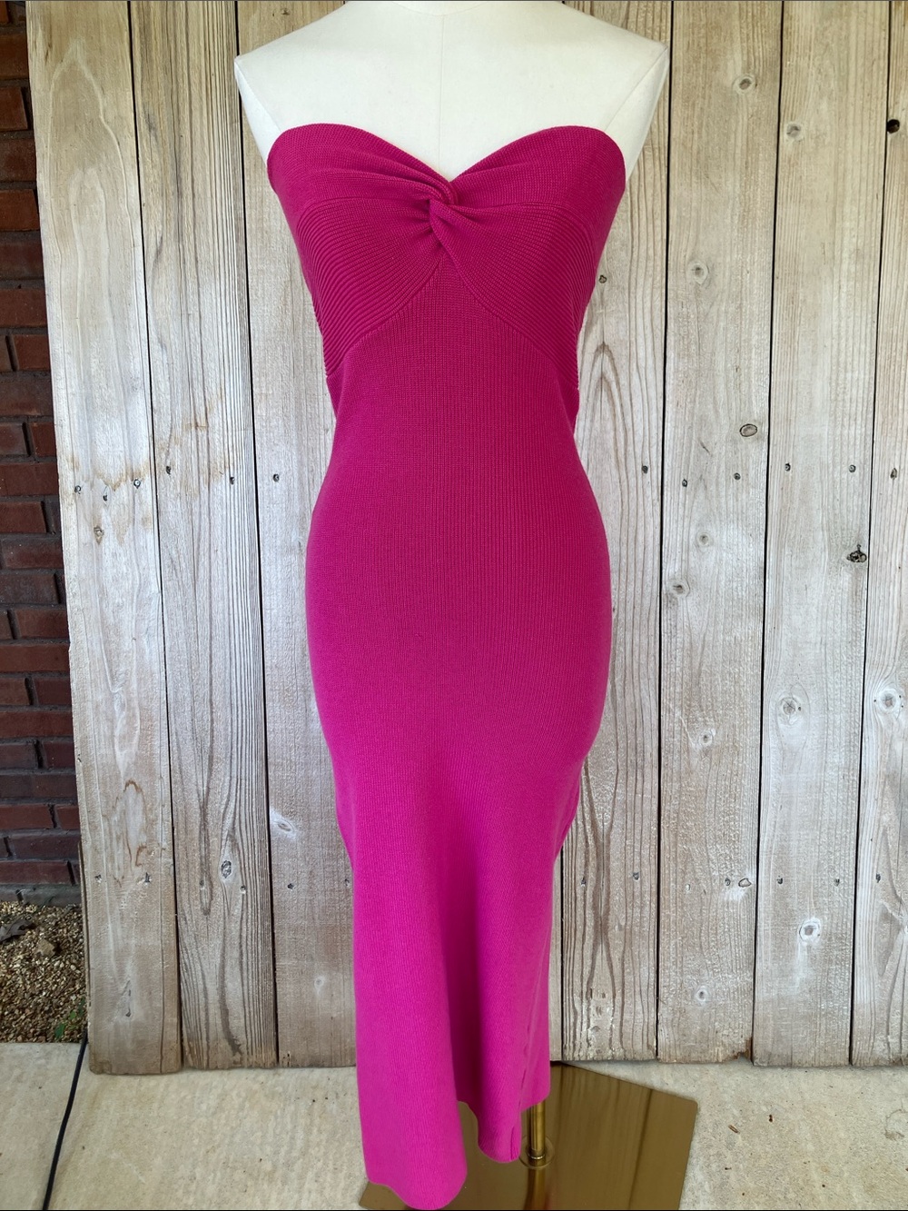 Strapless Twist Front Midi Dress in Fuchsia
